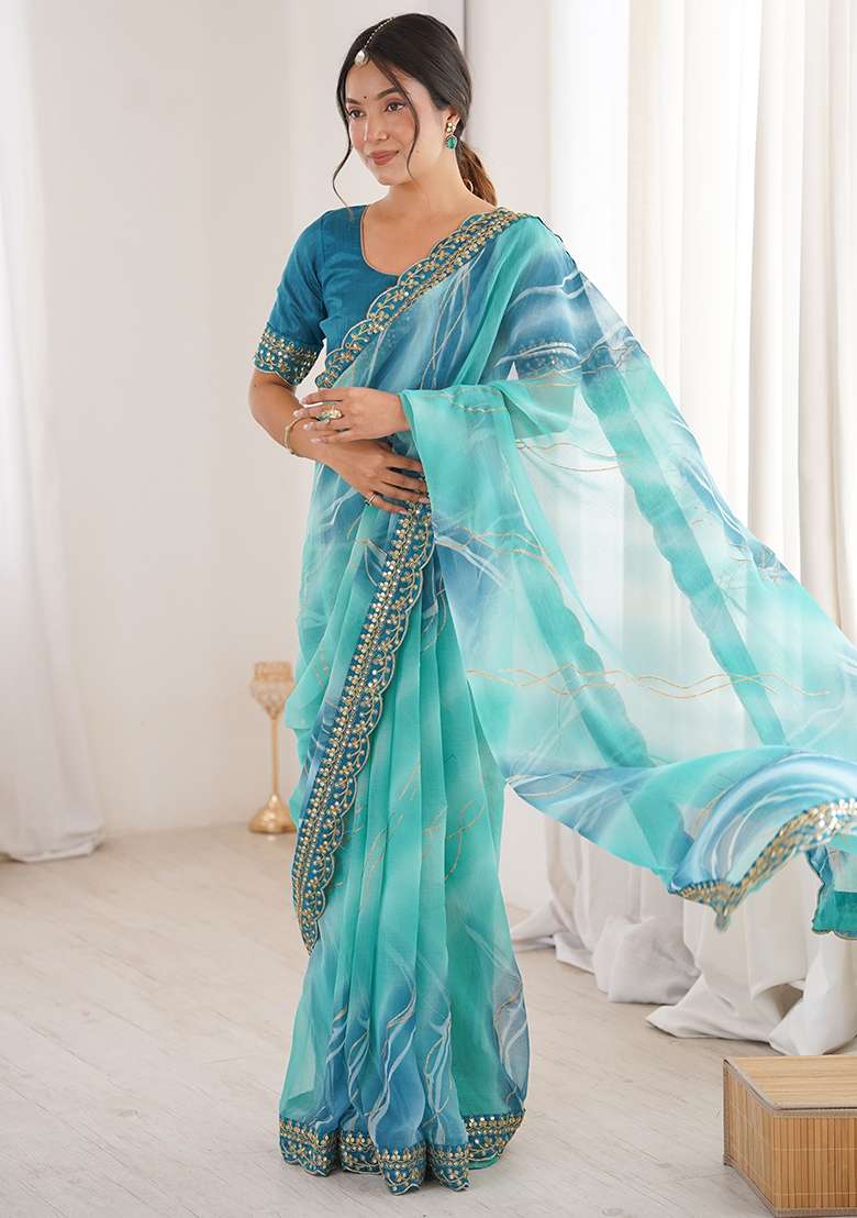 Blue Leheriya Georgette Saree Set for Diwali and Festive Wear - Indya