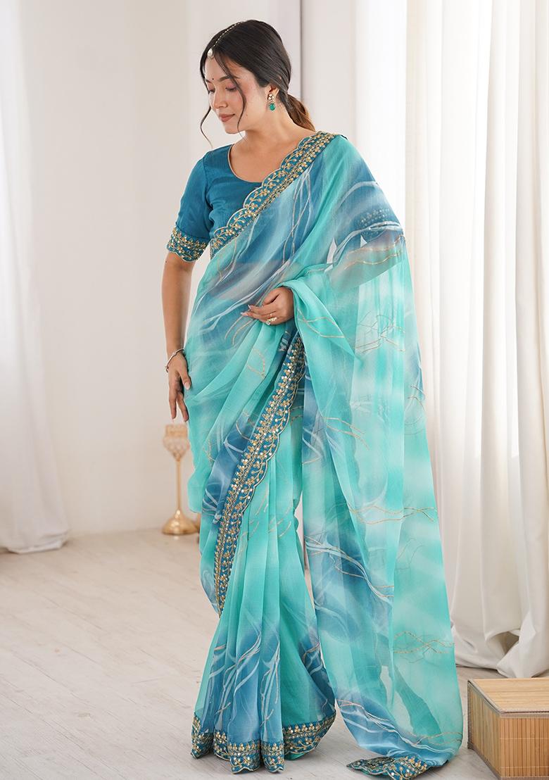 Blue Leheriya Georgette Saree Set - Indya