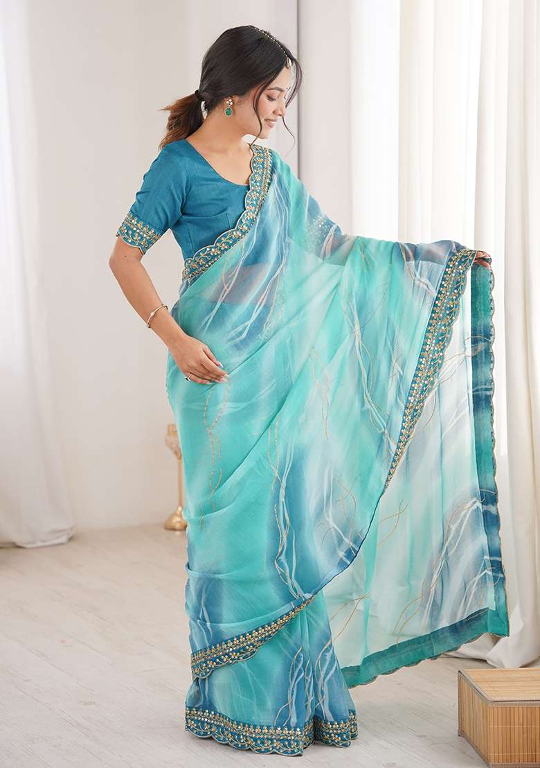 Blue Leheriya Georgette Saree Set for Diwali and Festive Wear - Indya
