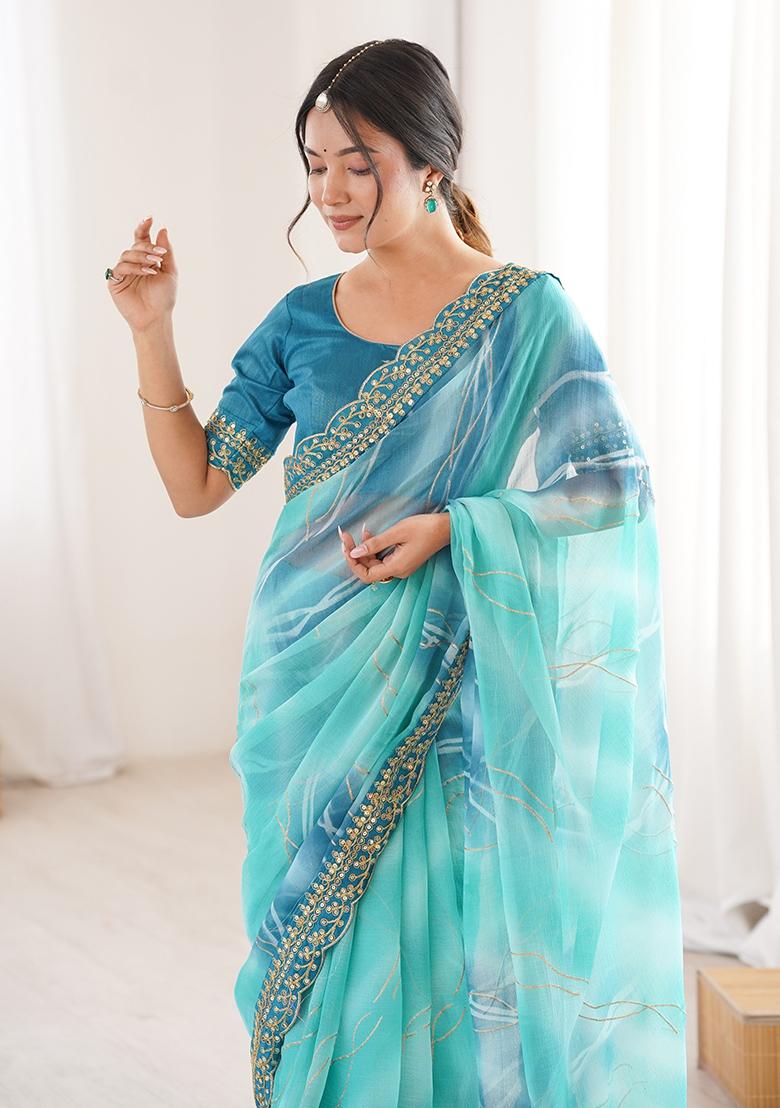 Blue Leheriya Georgette Saree Set - Indya