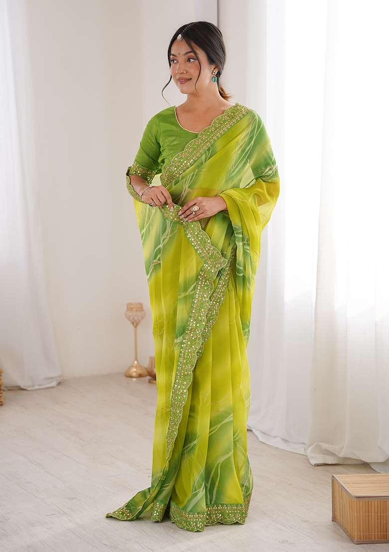Green Leheriya Georgette Saree Set for Diwali | Wedding & Festive Wear - Indya