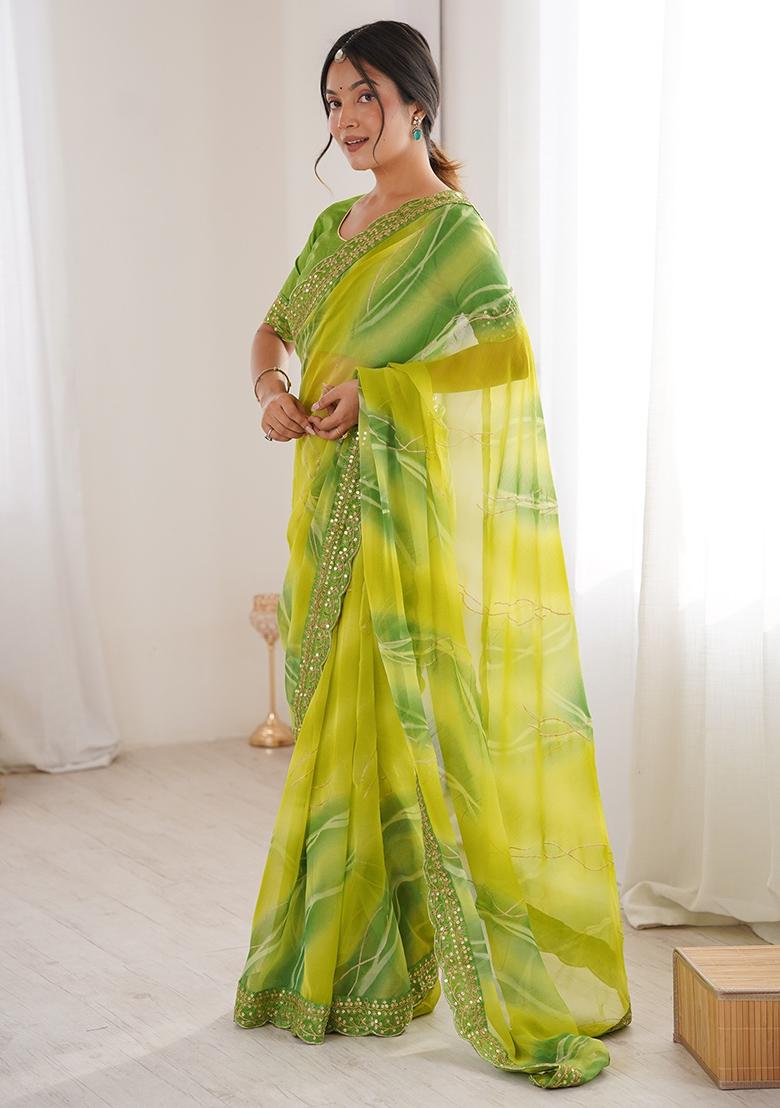 Green Leheriya Georgette Saree Set - Indya
