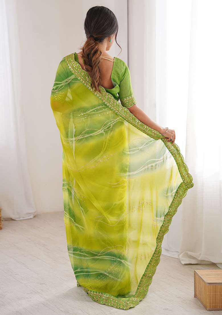 Green Leheriya Georgette Saree Set for Diwali | Wedding & Festive Wear - Indya