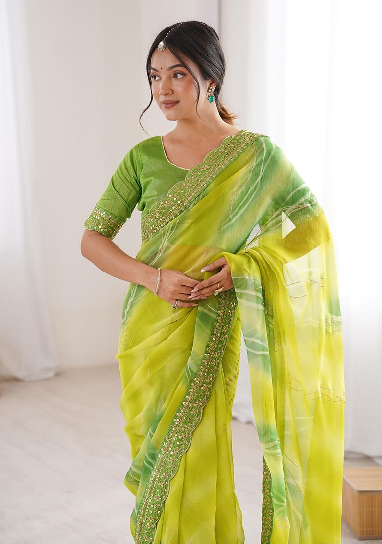 Green Leheriya Georgette Saree Set - Indya