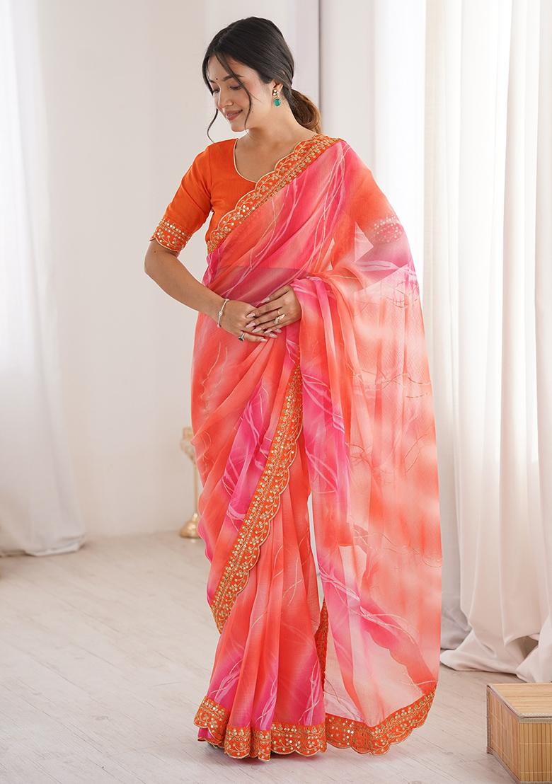 Orange Leheriya Georgette Saree Set - Indya