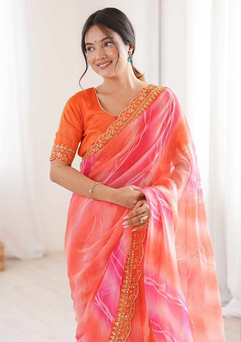 Orange Leheriya Georgette Saree Set - Indya
