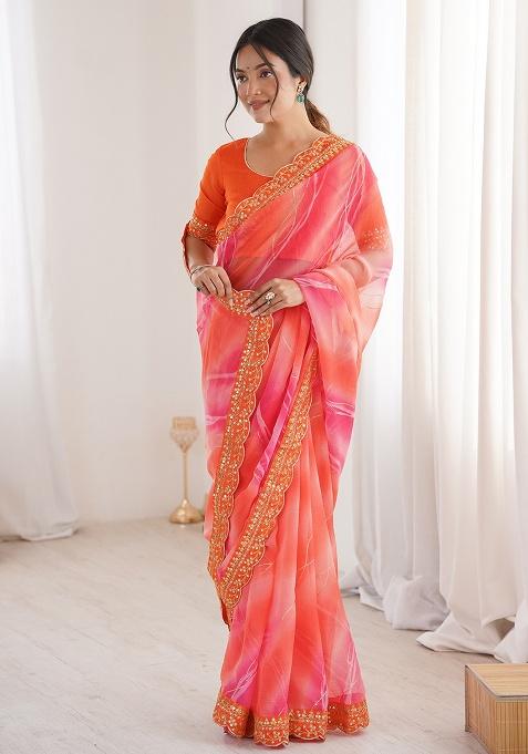 Orange Leheriya Georgette Saree Set