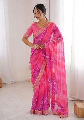 Pink Leheriya Georgette Saree Set