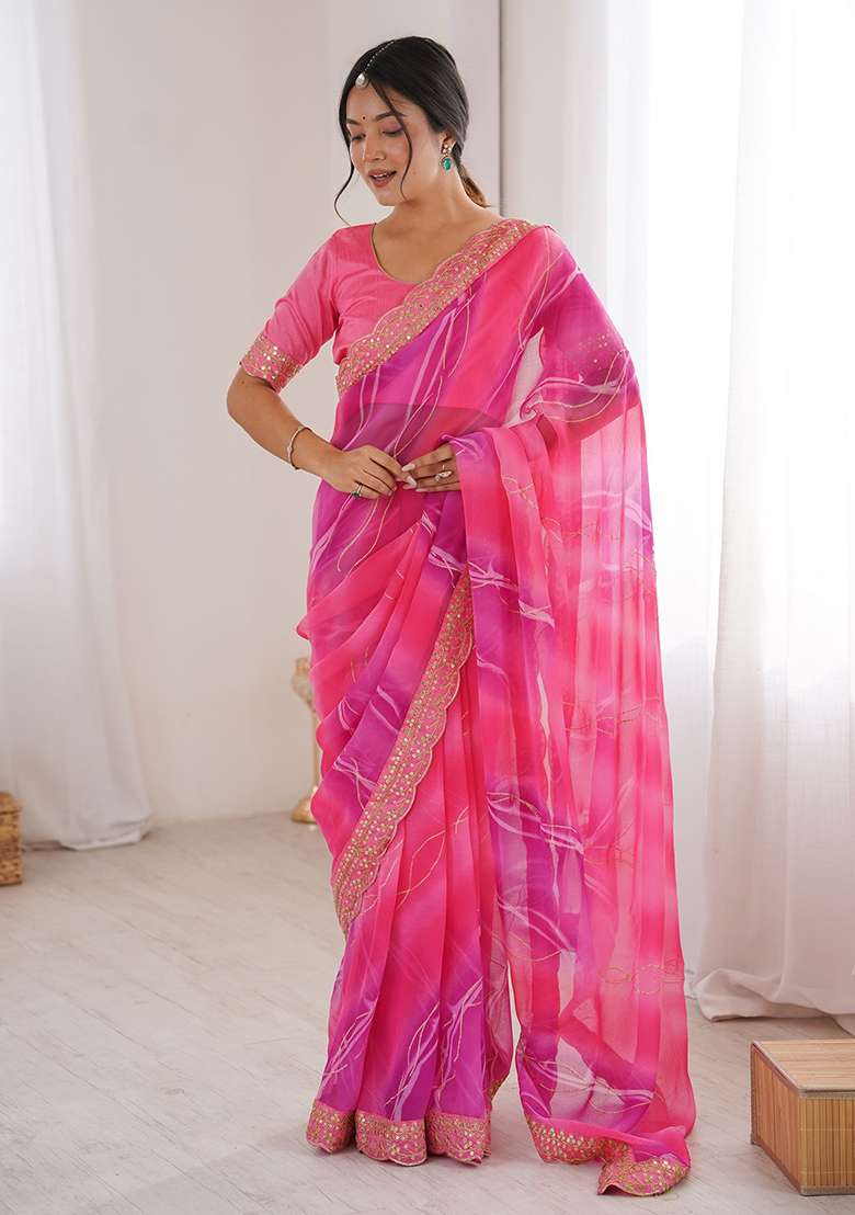 Pink Leheriya Georgette Saree Set for Diwali | Wedding & Festive Wear - Indya