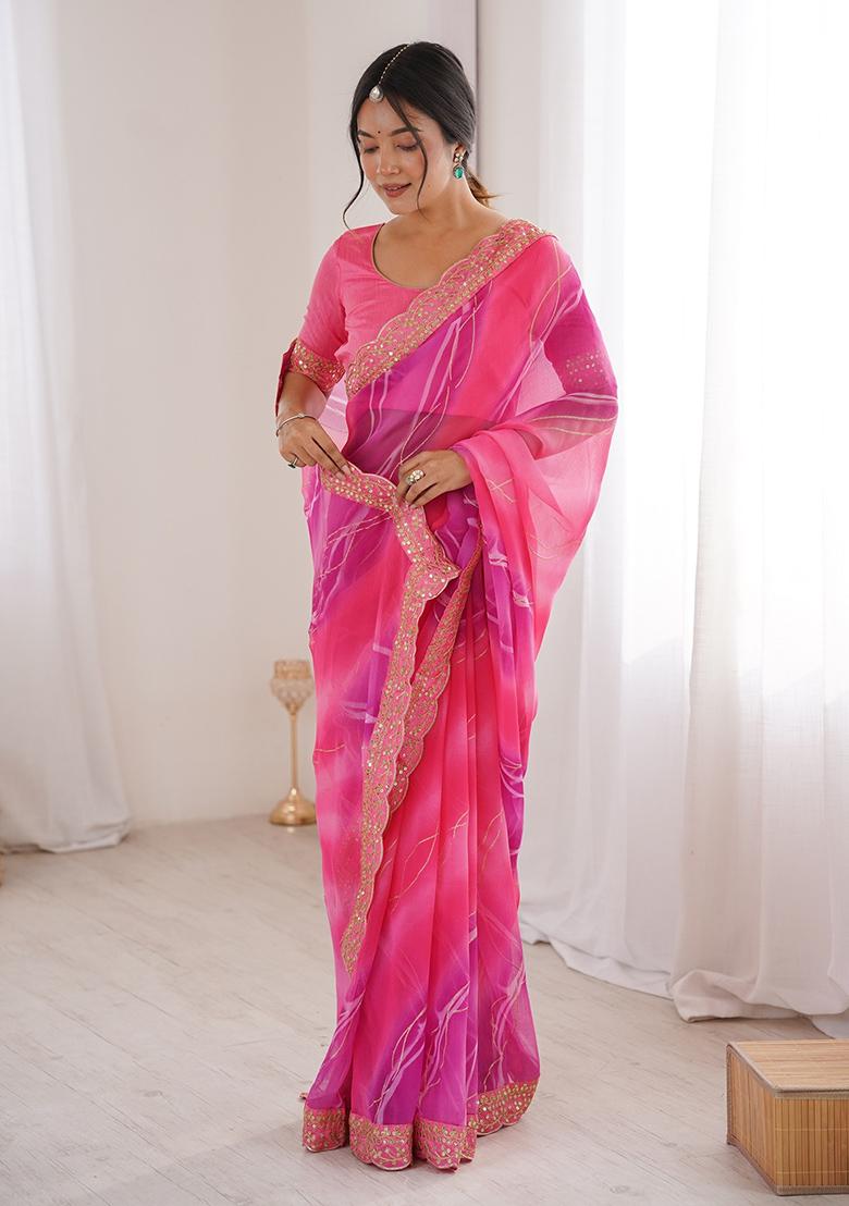 Pink Leheriya Georgette Saree Set - Indya