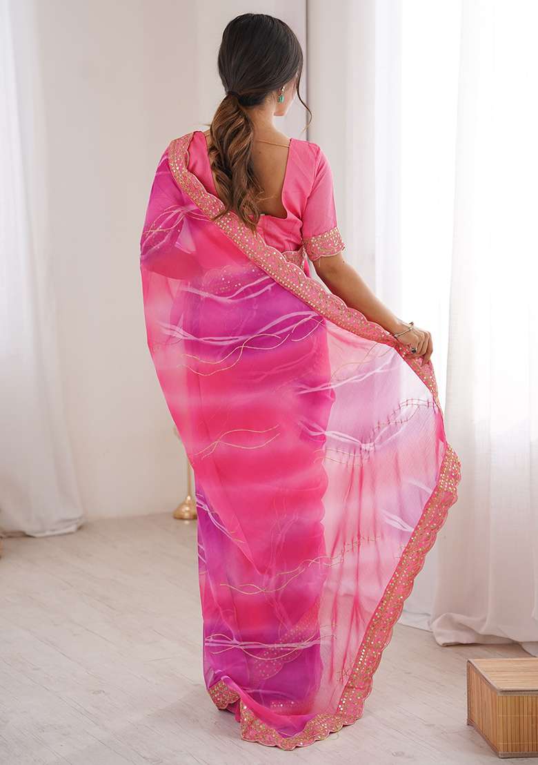 Pink Leheriya Georgette Saree Set for Diwali | Wedding & Festive Wear - Indya