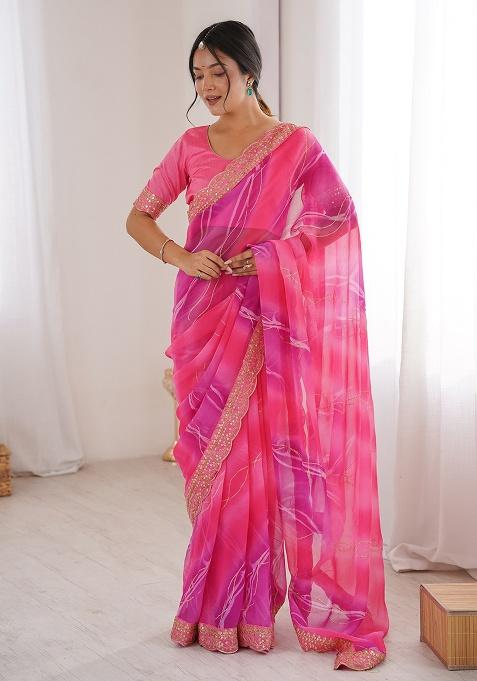 Pink Leheriya Georgette Saree Set