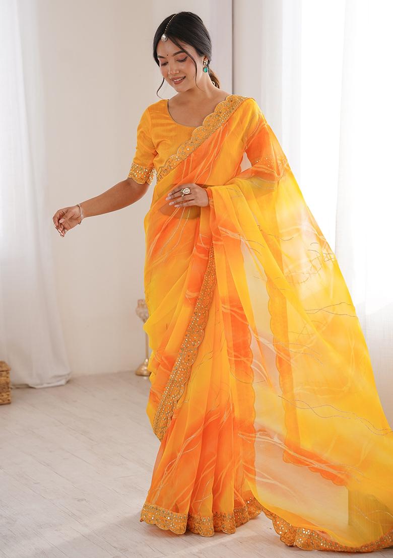 Yellow Leheriya Georgette Saree Set - Indya