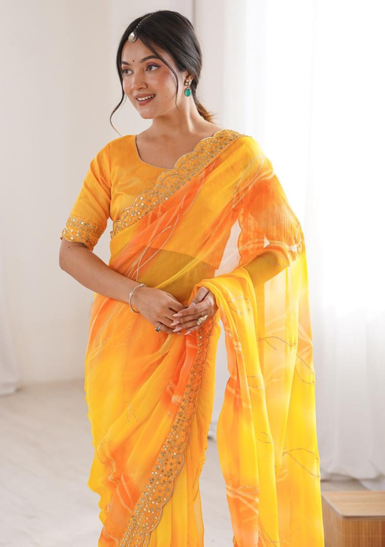 Yellow Leheriya Georgette Saree Set - Indya