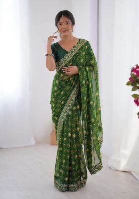 Green Floral Georgette Saree Set