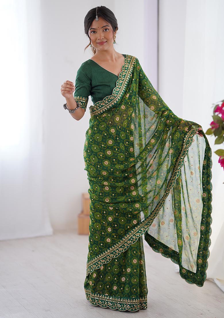 Green Floral Georgette Saree Set - Indya