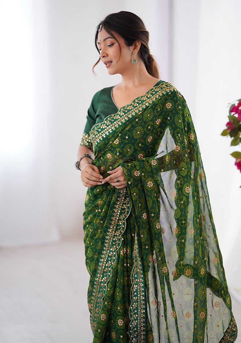 Green Floral Georgette Saree Set - Indya