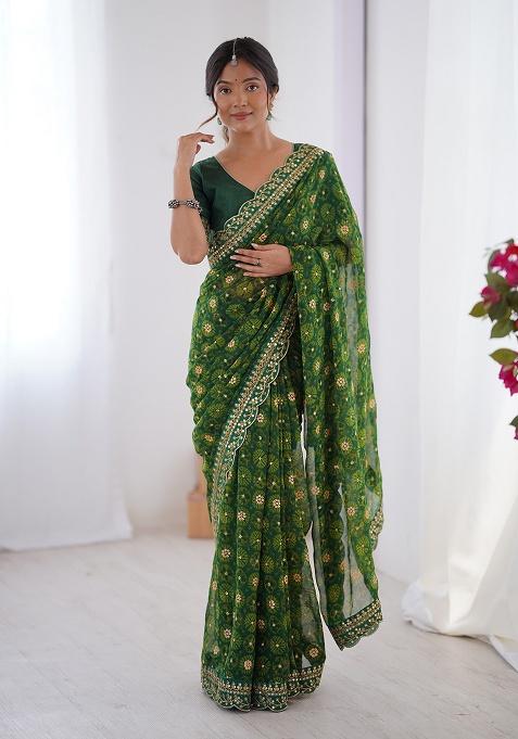 Green Floral Georgette Saree Set