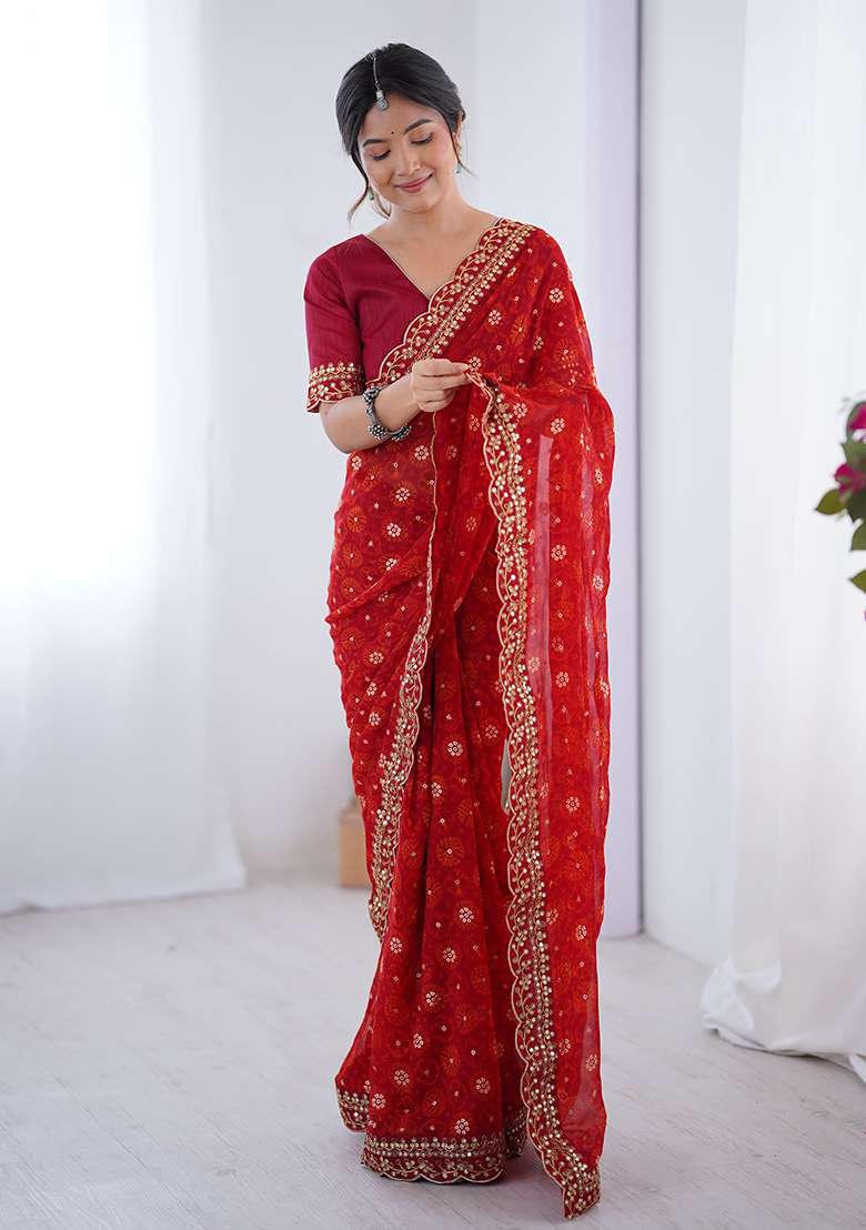 Red Floral Georgette Saree Set - Indya