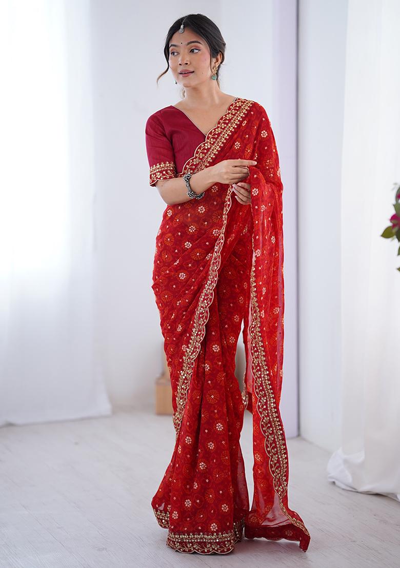 Red Floral Georgette Saree Set - Indya