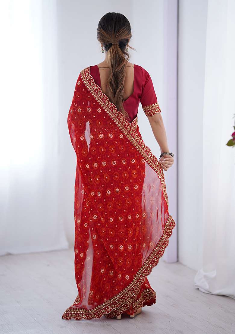 Red Floral Georgette Saree Set - Indya