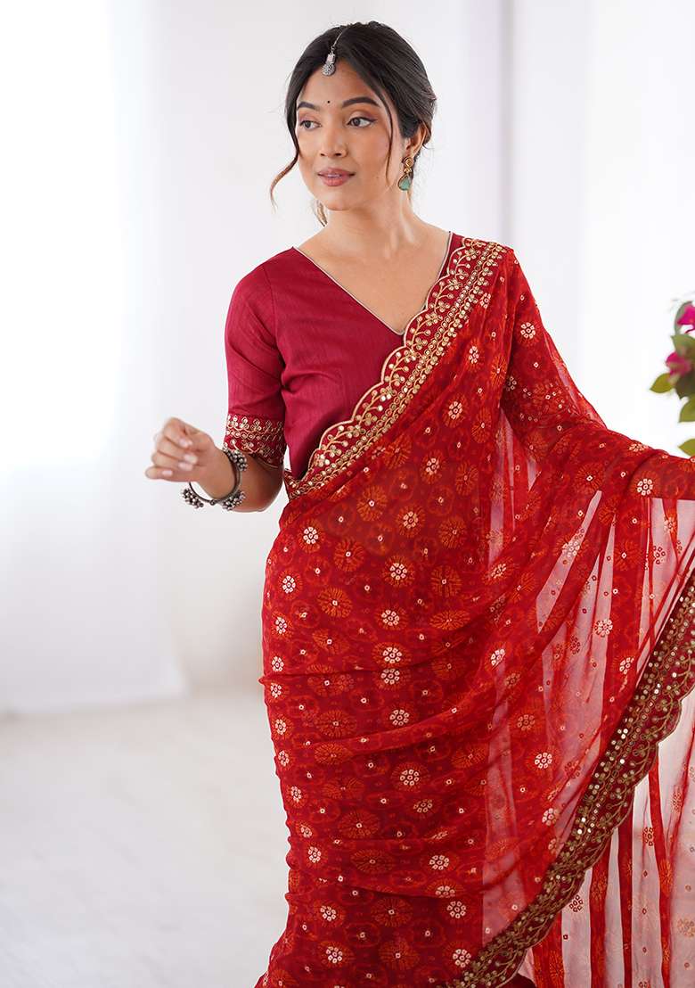 Red Floral Georgette Saree Set - Indya