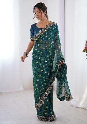 Teal Blue Floral Georgette Saree Set