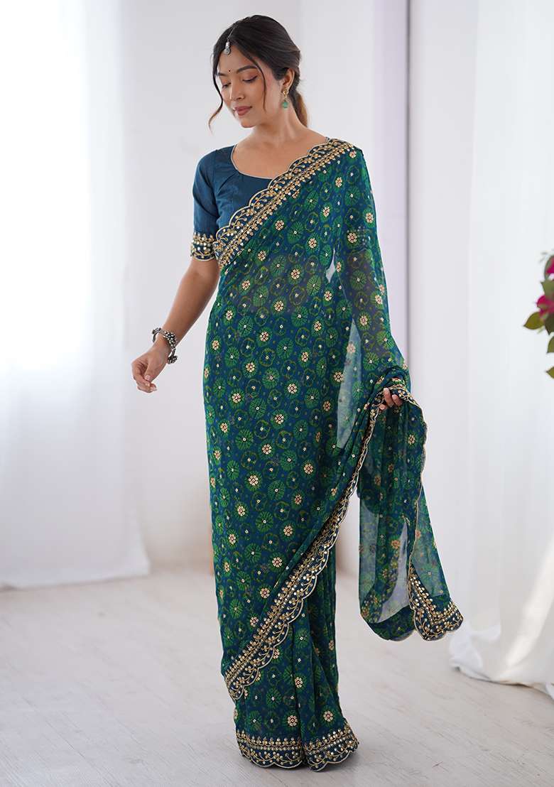 Teal Blue Floral Georgette Saree Set for Diwali | Wedding & Festive Wear - Indya