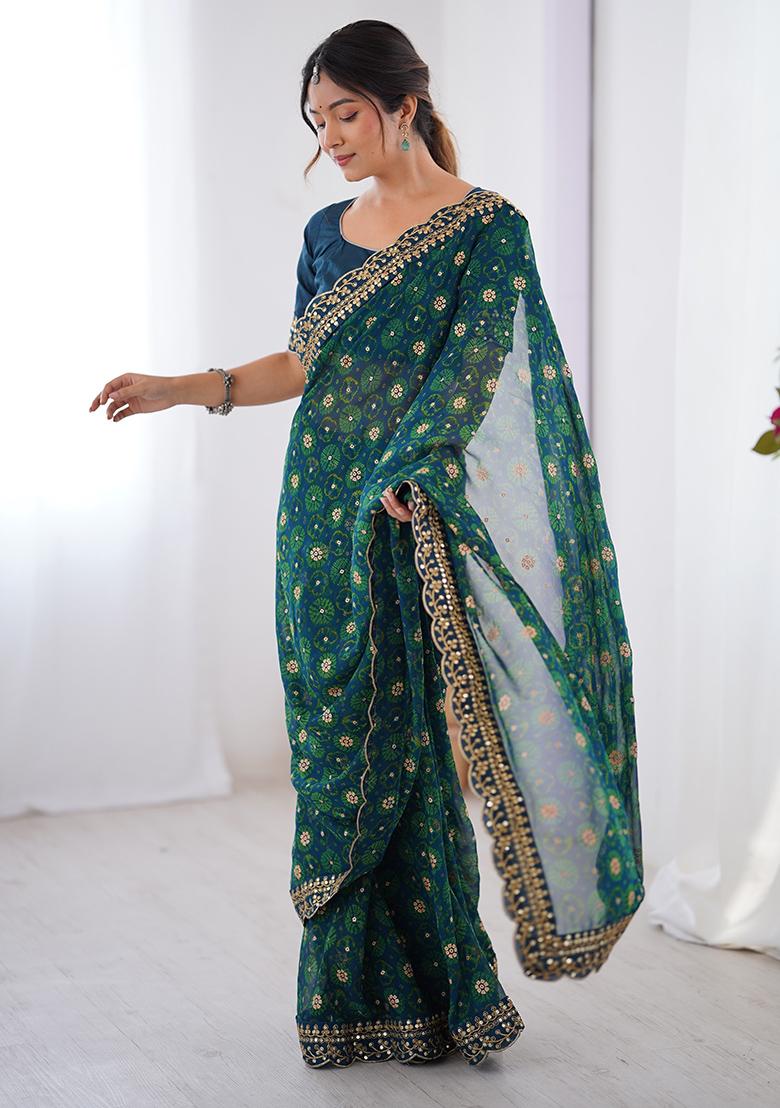 Teal Blue Floral Georgette Saree Set - Indya