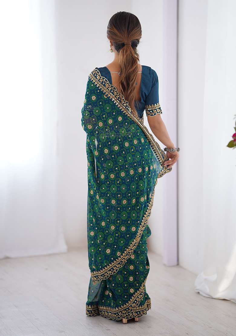Teal Blue Floral Georgette Saree Set for Diwali | Wedding & Festive Wear - Indya