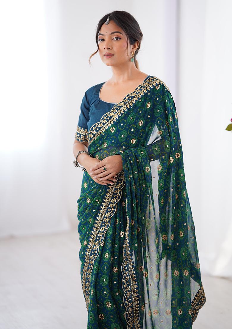 Teal Blue Floral Georgette Saree Set - Indya