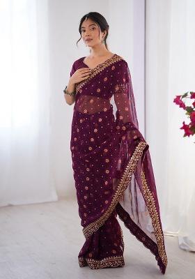 Wine Floral Georgette Saree Set