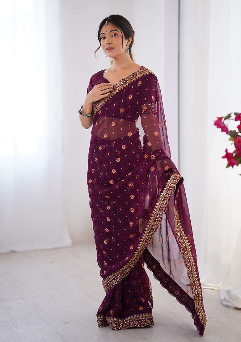 Wine Floral Georgette Saree Set for Diwali and Festive Wear - Indya