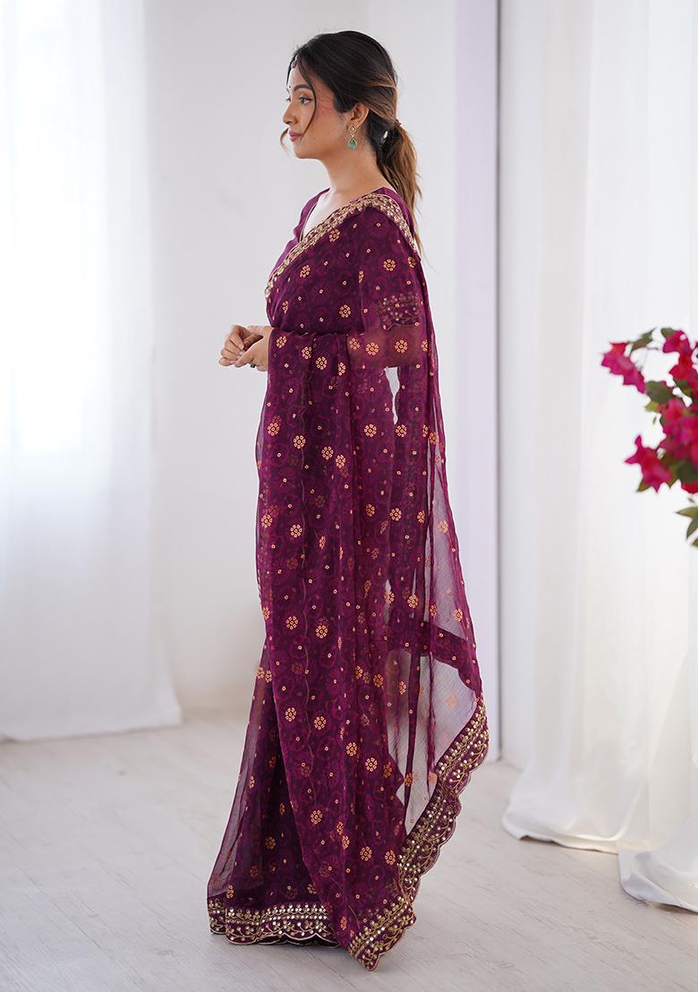 Wine Floral Georgette Saree Set - Indya