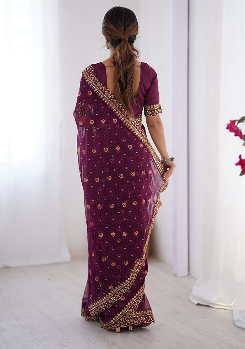 Wine Floral Georgette Saree Set for Diwali and Festive Wear - Indya