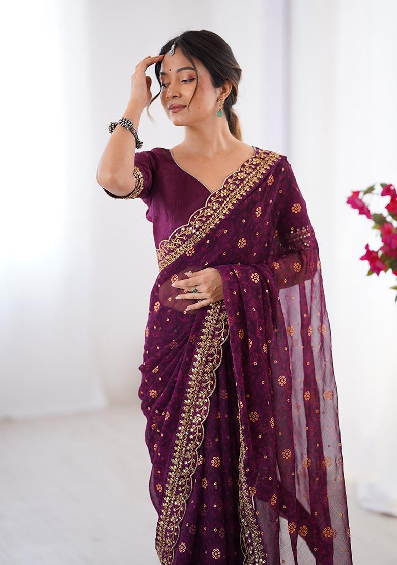 Wine Floral Georgette Saree Set - Indya