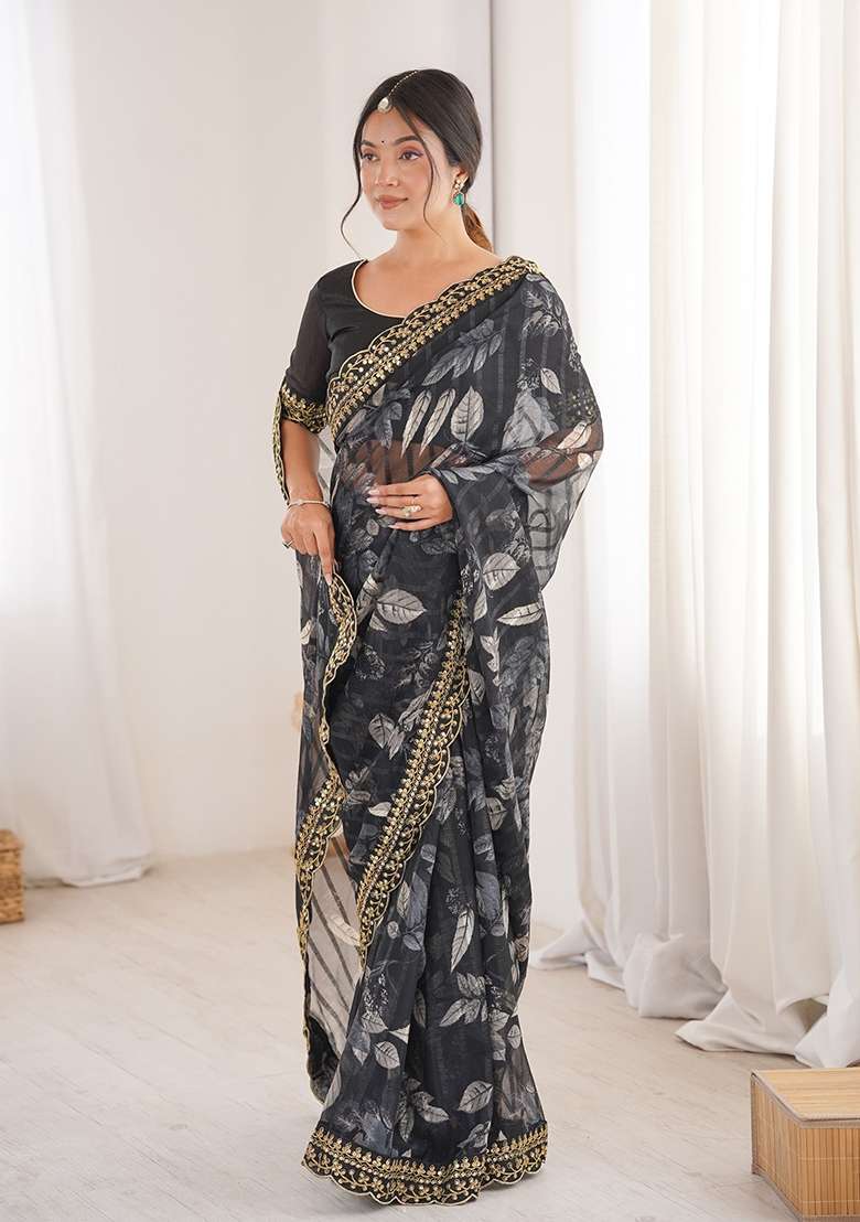 Black Floral Georgette Saree Set for Diwali | Wedding & Festive Wear - Indya