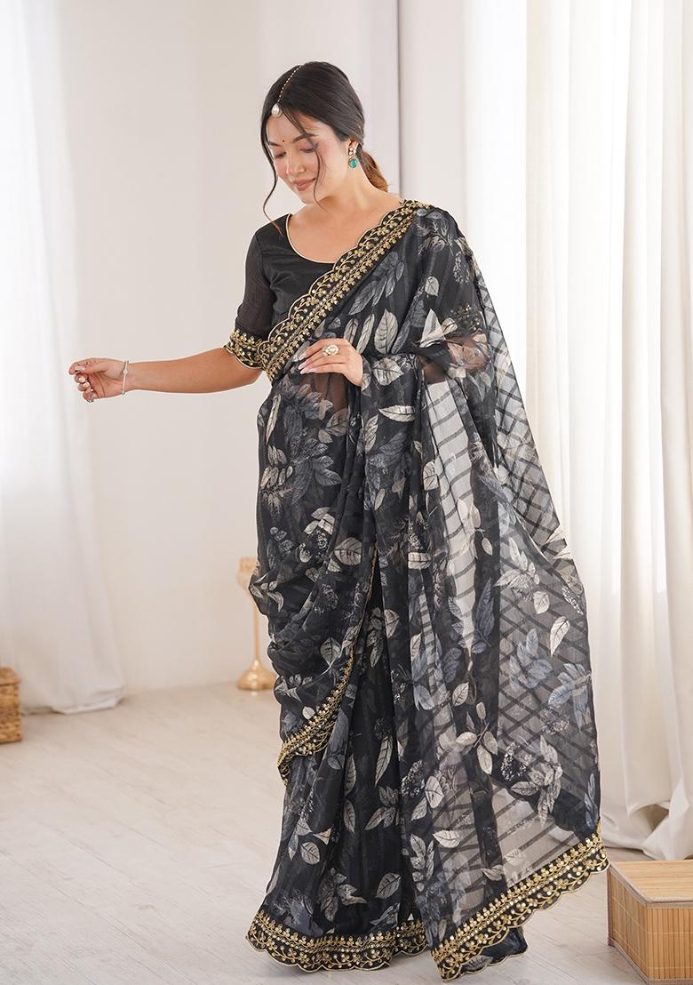 Black Floral Georgette Saree Set - Indya