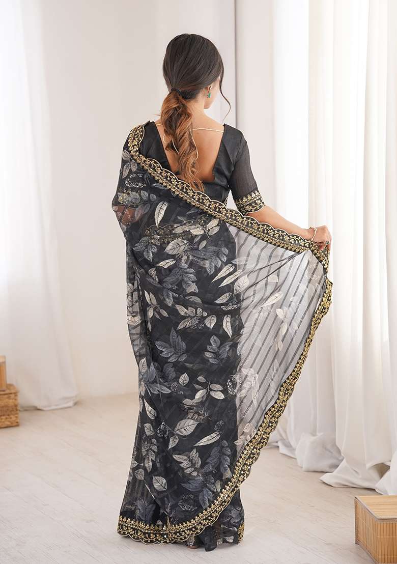 Black Floral Georgette Saree Set for Diwali | Wedding & Festive Wear - Indya