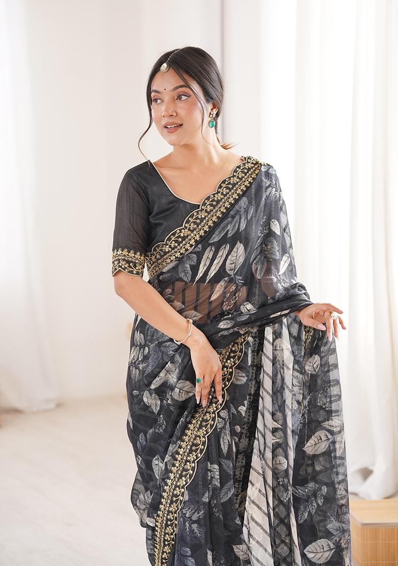 Black Floral Georgette Saree Set - Indya