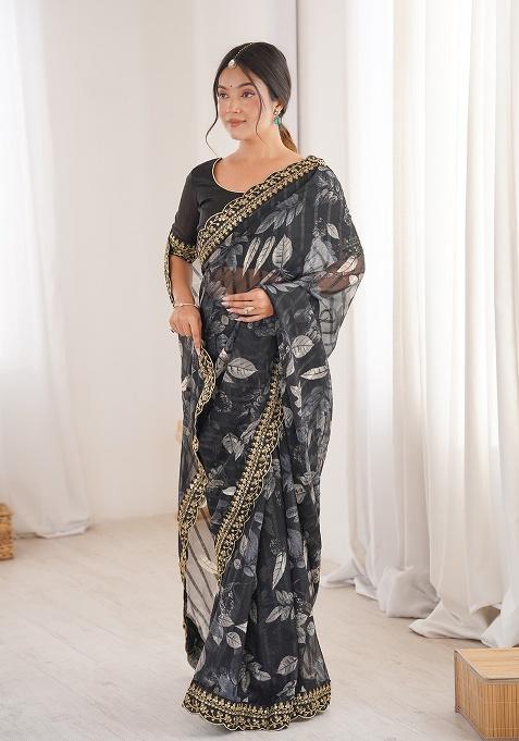Black Floral Georgette Saree Set