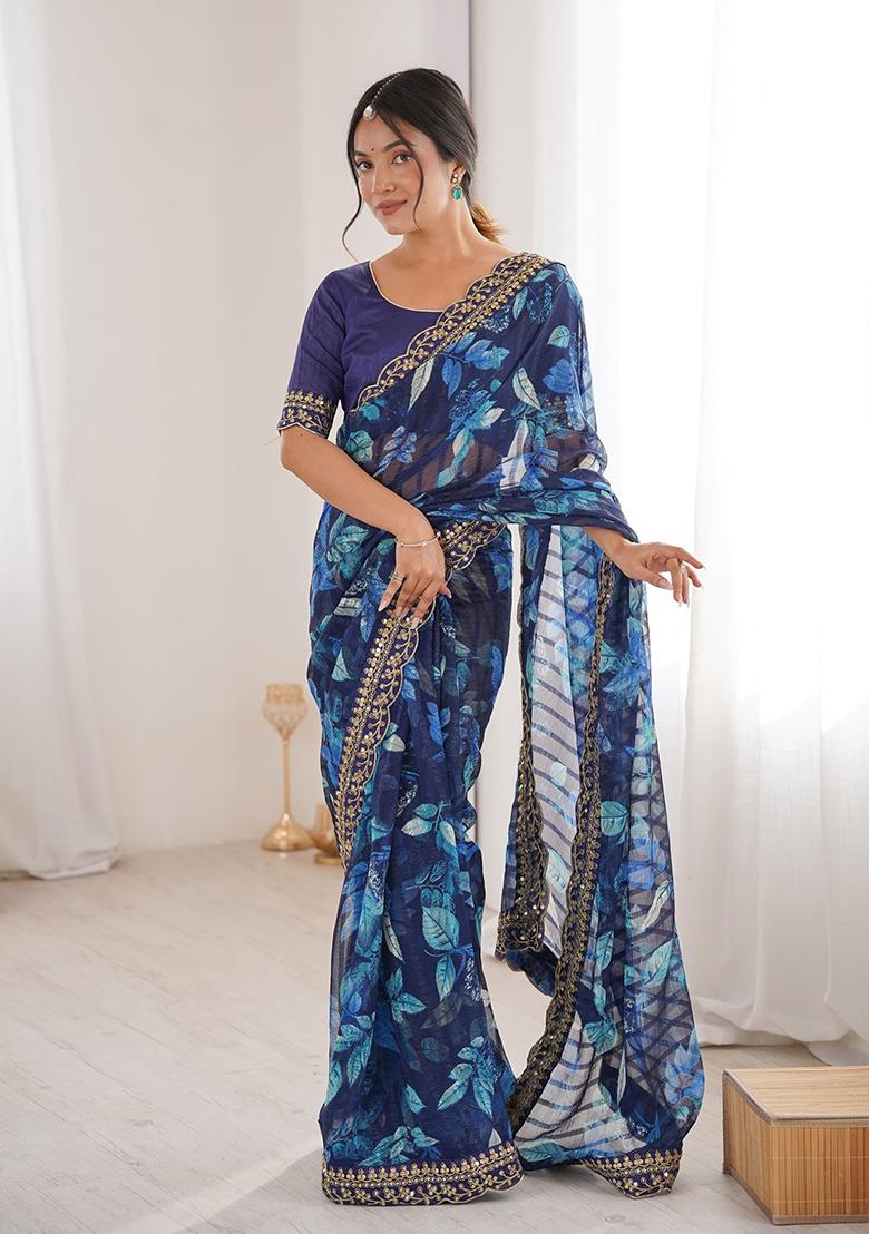 Blue Floral Georgette Saree Set - Indya