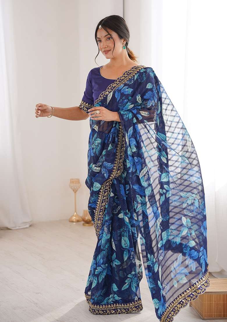 Blue Floral Georgette Saree Set for Diwali | Wedding & Festive Wear - Indya