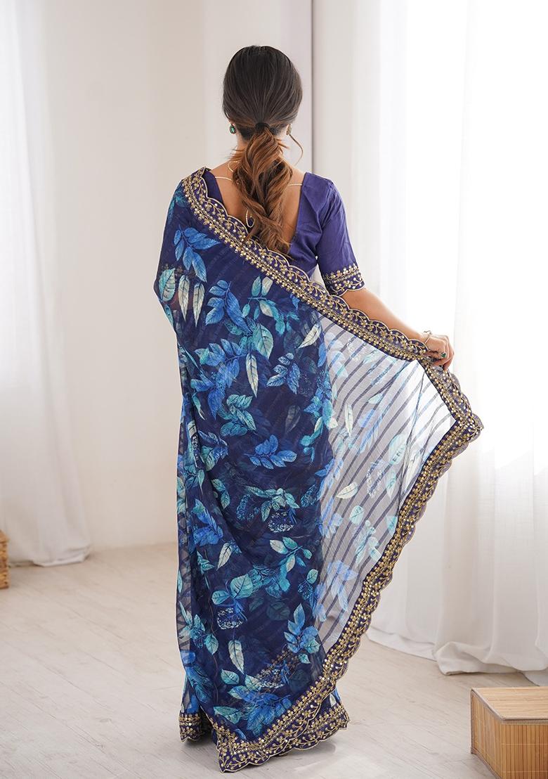 Blue Floral Georgette Saree Set - Indya