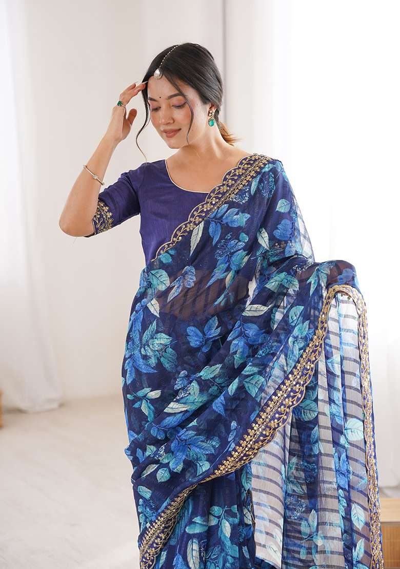 Blue Floral Georgette Saree Set for Diwali | Wedding & Festive Wear - Indya