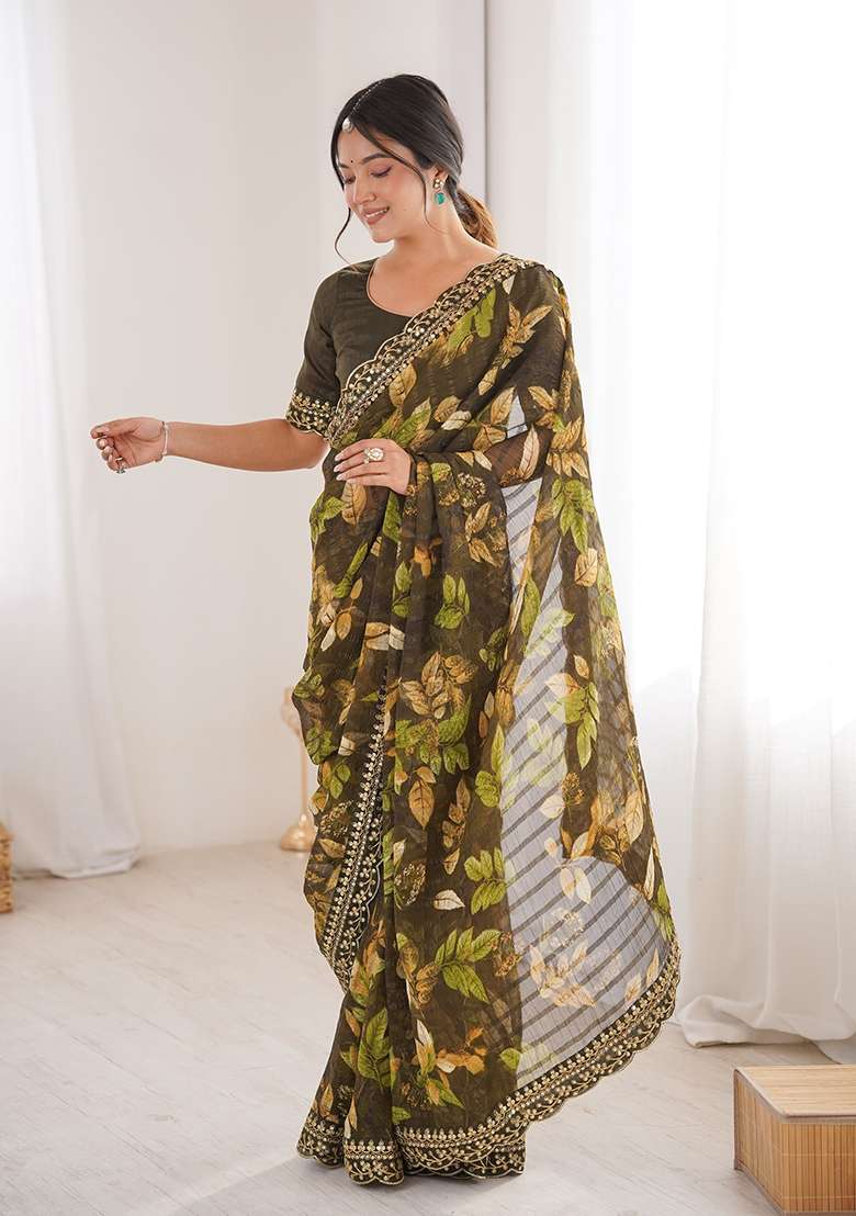 Mehendi Green Floral Georgette Saree Set for Diwali and Festive Wear - Indya