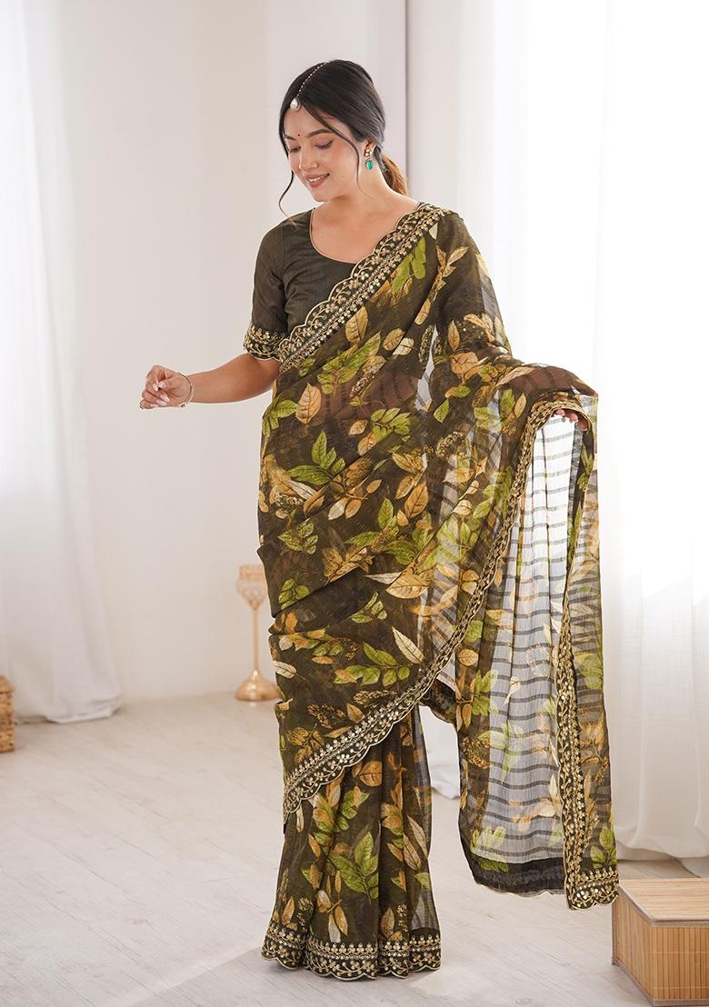 Mehendi Green Floral Georgette Saree Set - Indya
