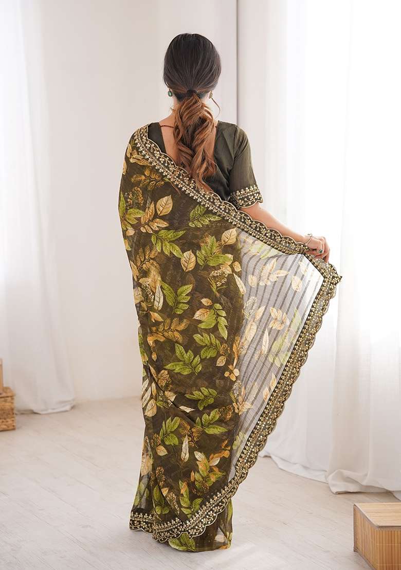 Mehendi Green Floral Georgette Saree Set for Diwali and Festive Wear - Indya