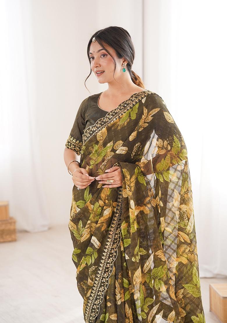 Mehendi Green Floral Georgette Saree Set - Indya