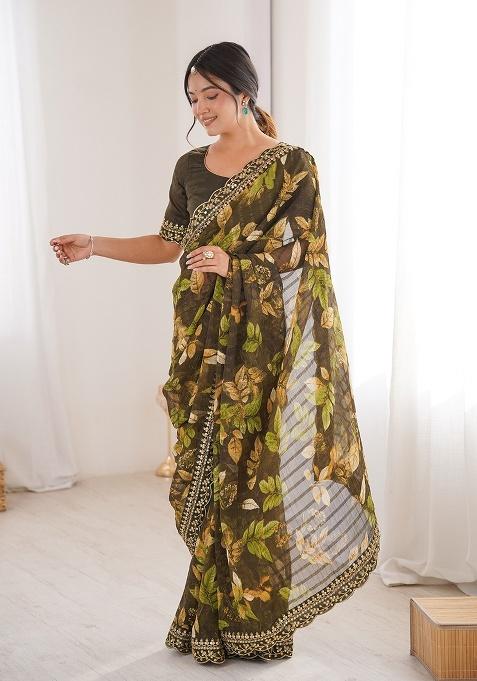 Mehendi Green Floral Georgette Saree Set